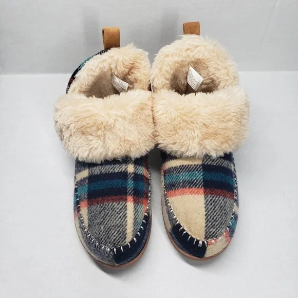 Dearfoams Alpine Moritz Bootie House Slippers Womens 9 Cream Plaid - Picture 2 of 16